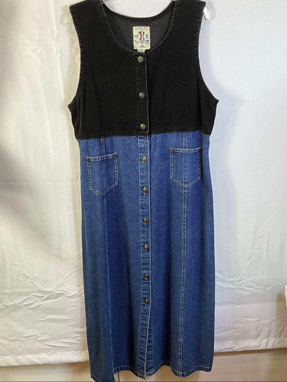 VINTAGE Studio 25 XL Sleeveless Corduroy Top Denim Skirt Maxi Dress with pockets